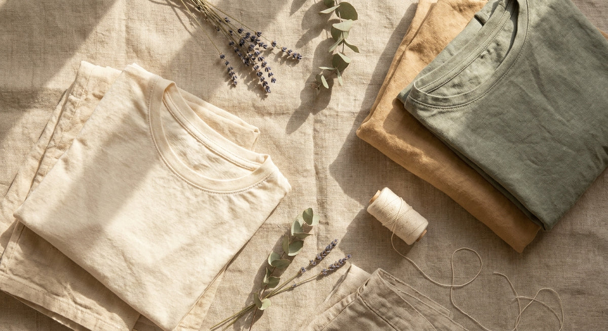 A sunlit flat lay of neatly folded neutral-toned garments in natural linen, cotton, and hemp fabrics arranged on a linen surface with dried botanical accents.