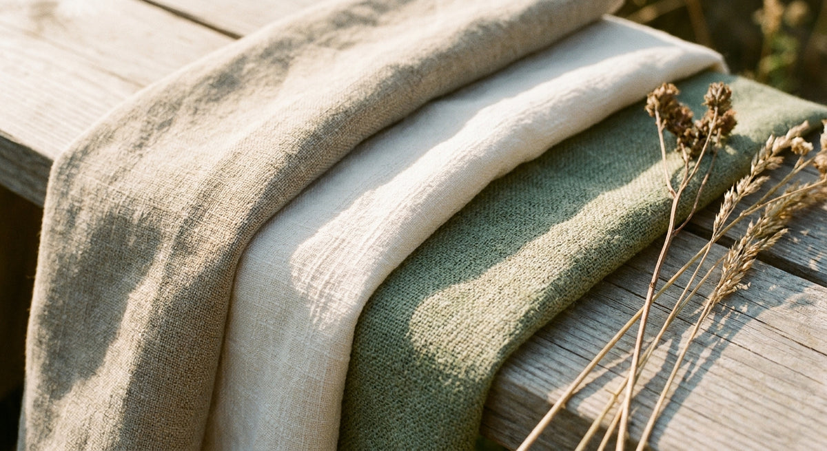 Three natural fabric swatches in linen, cotton, and hemp tones draped over a weathered wooden surface with dried botanicals in soft afternoon light.