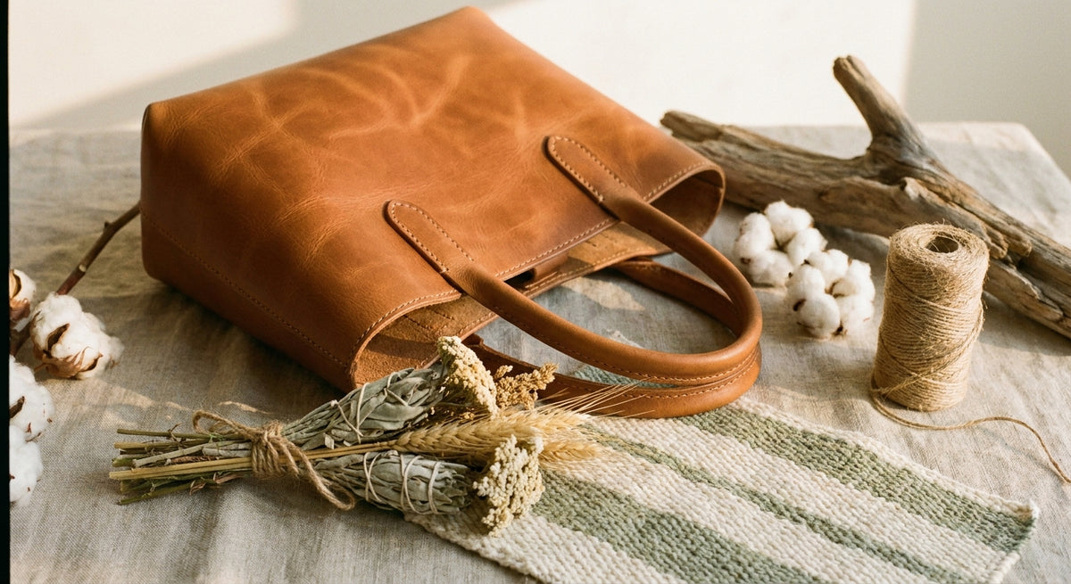 A structured caramel leather tote handbag styled on a linen surface with dried botanicals and woven textiles in warm, natural light.