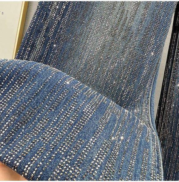 Productseeker All Over Rhinestone High Waist Wide Leg Denim Jeans