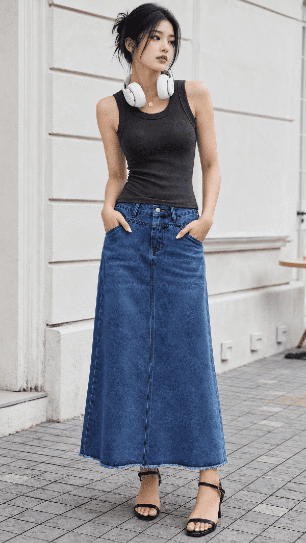 Women’s High Waist Denim Midi Skirt with Pockets